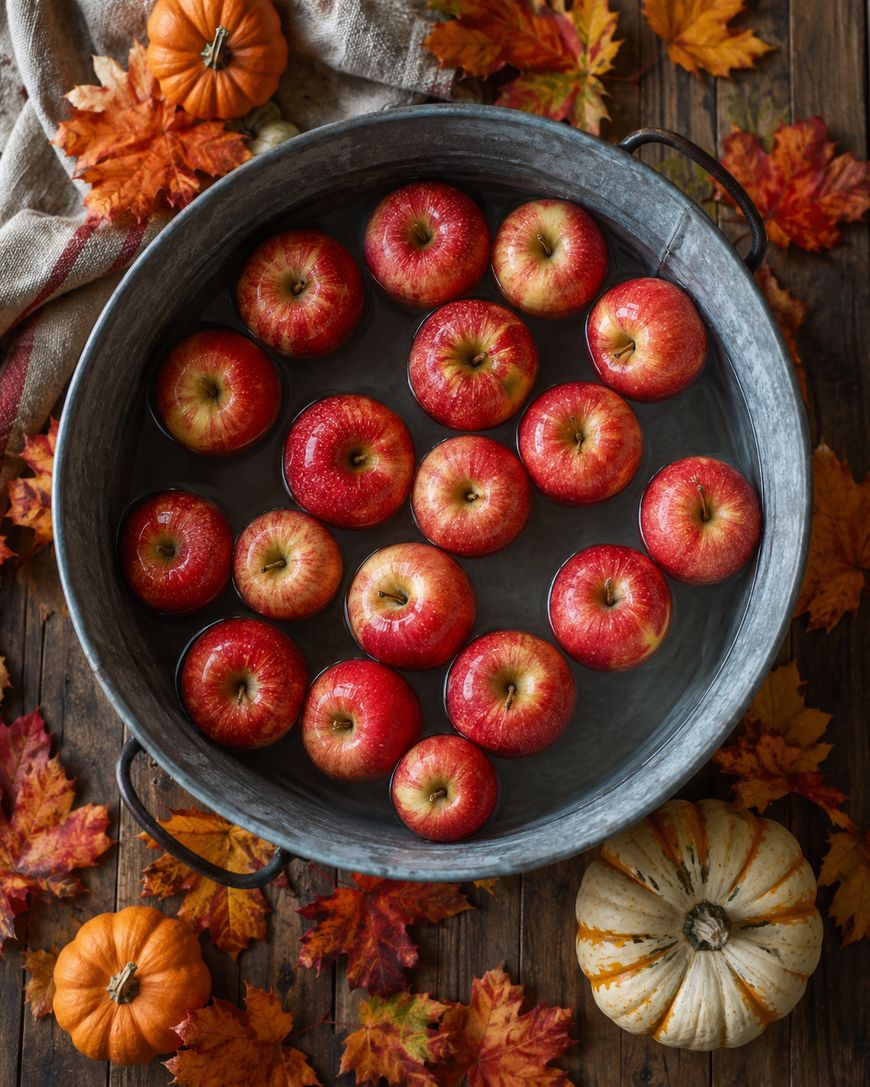 A metal tub filled with red apples floating in water, surrounded by autumn leaves, small orange and white pumpkins, and a striped towel on a wooden surface.
