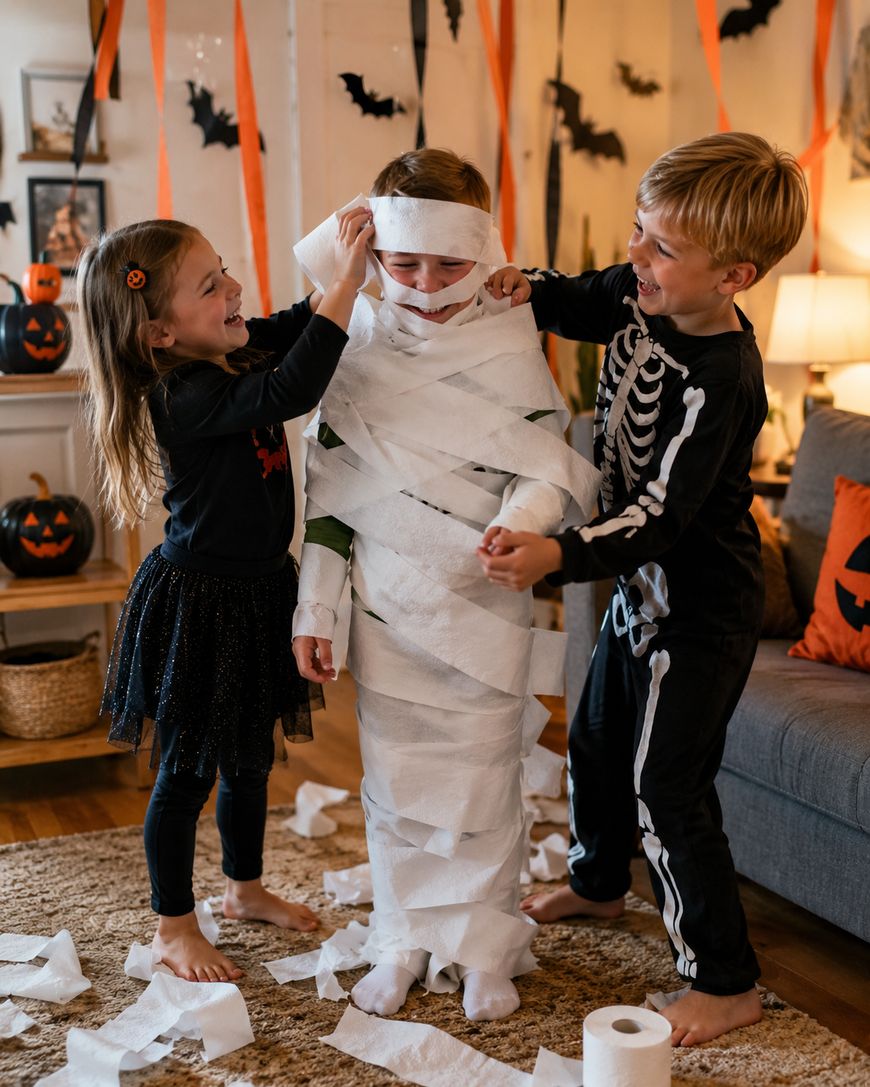 Two children in Halloween costumes happily wrap a third child in toilet paper to look like a mummy, with Halloween decorations and pumpkins in the background.