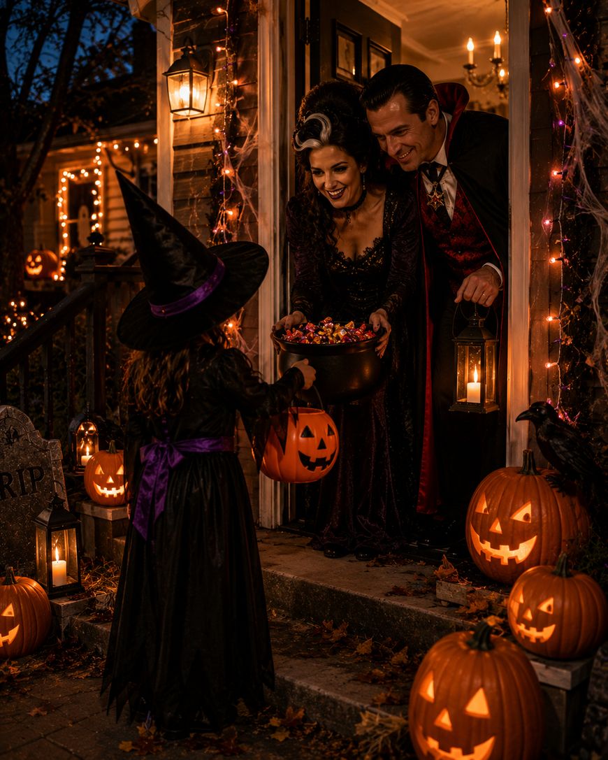 A child in a witch costume trick-or-treats at a decorated house, receiving candy from two adults dressed as vampires. Jack-o’-lanterns, cobwebs, and orange lights create a festive Halloween scene.