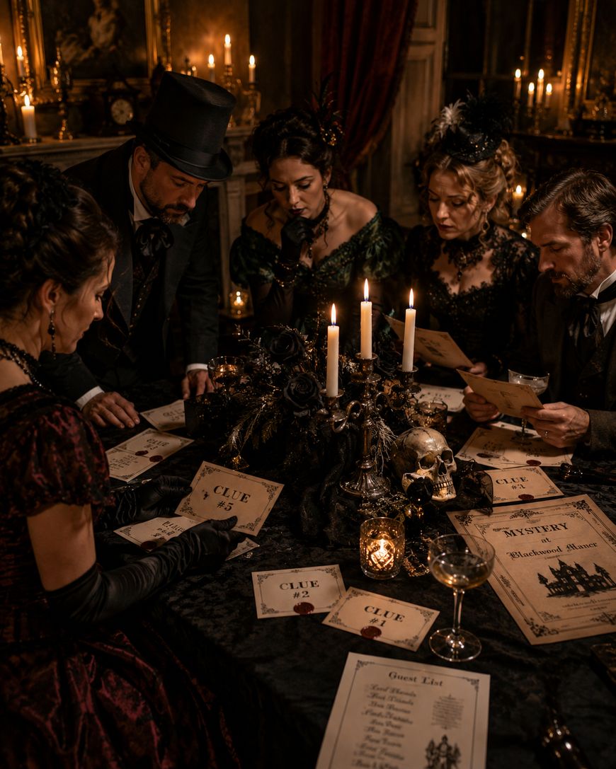 Four people in Victorian-era costumes sit around a candlelit table with spooky decorations, examining clues and guest lists, appearing to participate in a murder mystery or séance game.
