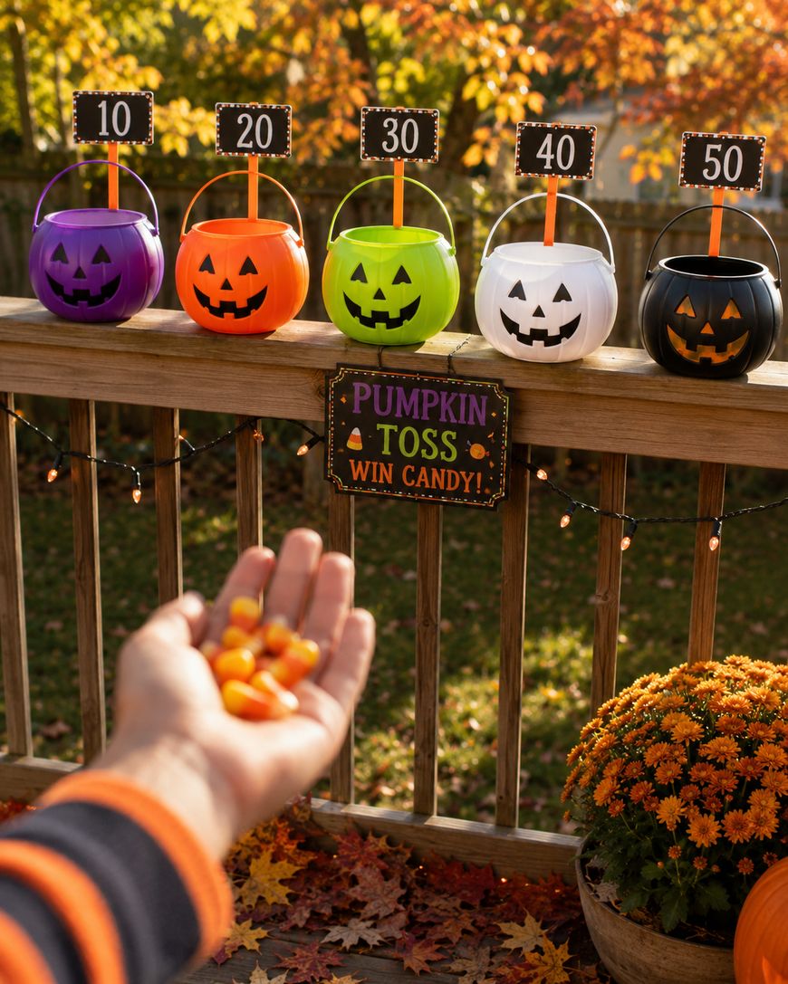 A hand tosses candy corn toward pumpkin buckets labeled with different point values (10–50) on a wooden railing for a Halloween pumpkin toss game. Autumn leaves and orange flowers decorate the scene.