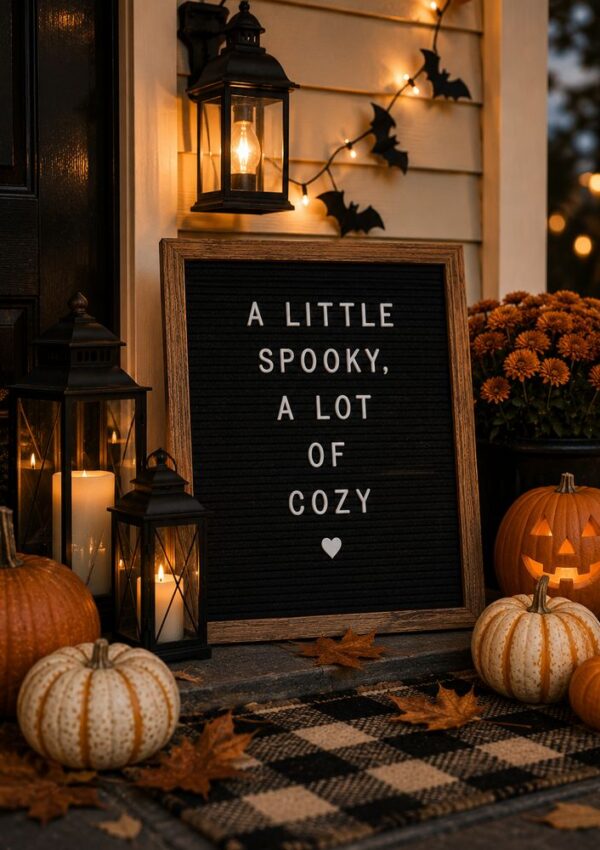 A Halloween porch scene with pumpkins, a jack-o’-lantern, lanterns with candles, orange flowers, and a letter board sign with festive Halloween letter board quotes, all surrounded by autumn leaves and glowing string lights—perfect fall decorations.