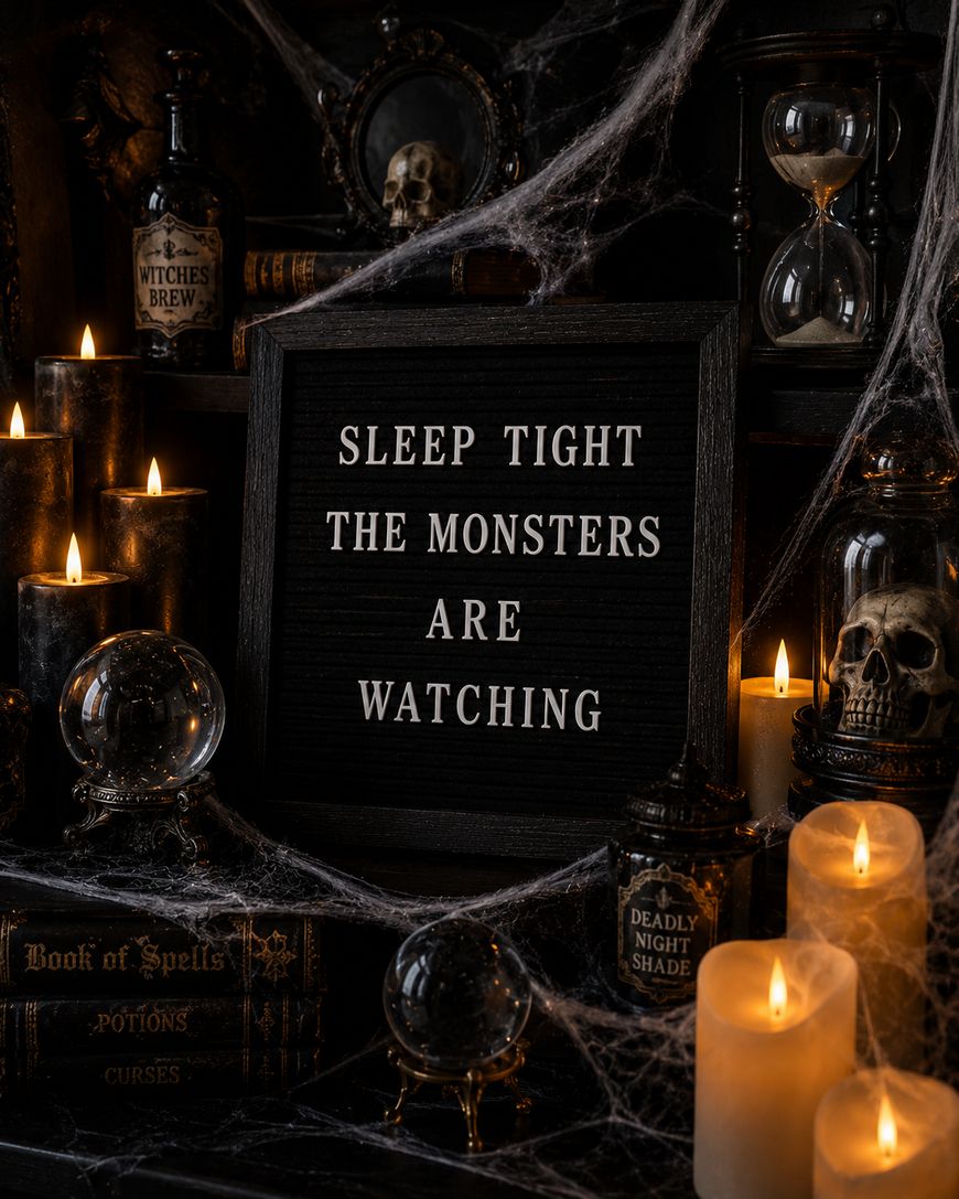 A spooky scene with candles, skulls, cobwebs, potions, and a letter board that reads, SLEEP TIGHT THE MONSTERS ARE WATCHING, set on a dark background with Halloween decorations.