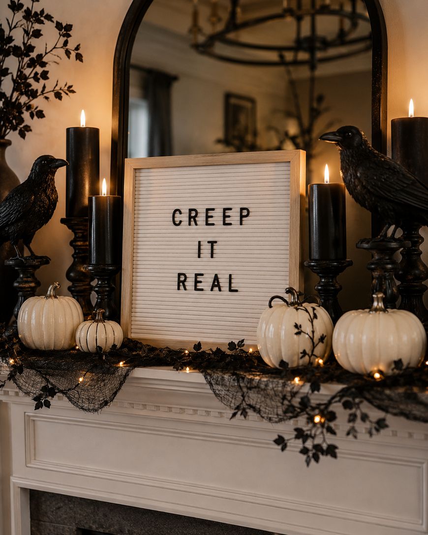 A Halloween-themed mantel decorated with black candles, white pumpkins, artificial crows, black netting, and a letter board sign that reads Creep It Real, with warm string lights accenting the display.