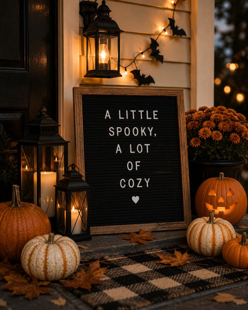 A porch decorated for Halloween with pumpkins, lanterns, string lights, orange flowers, and a sign that reads, A LITTLE SPOOKY, A LOT OF COZY on a plaid mat with autumn leaves scattered around.