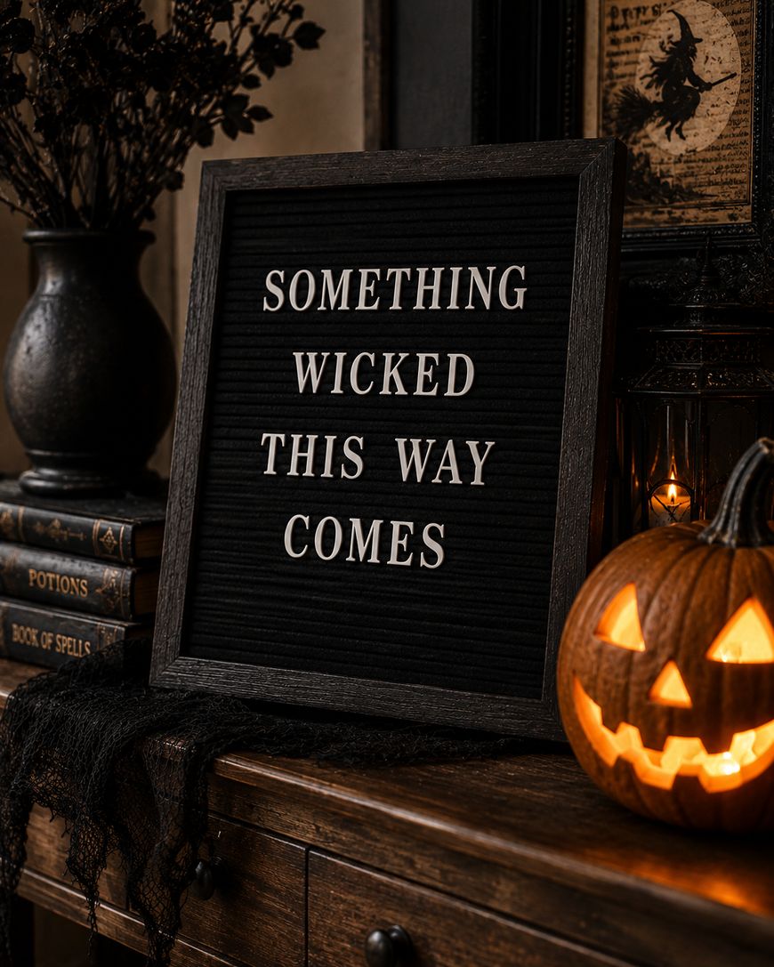 A letter board on a wooden table reads “SOMETHING WICKED THIS WAY COMES.” Nearby are a lit carved pumpkin, stacked books labeled “POTIONS” and “BOOK OF SPELLS,” and a vase with dark foliage, creating a spooky Halloween scene.