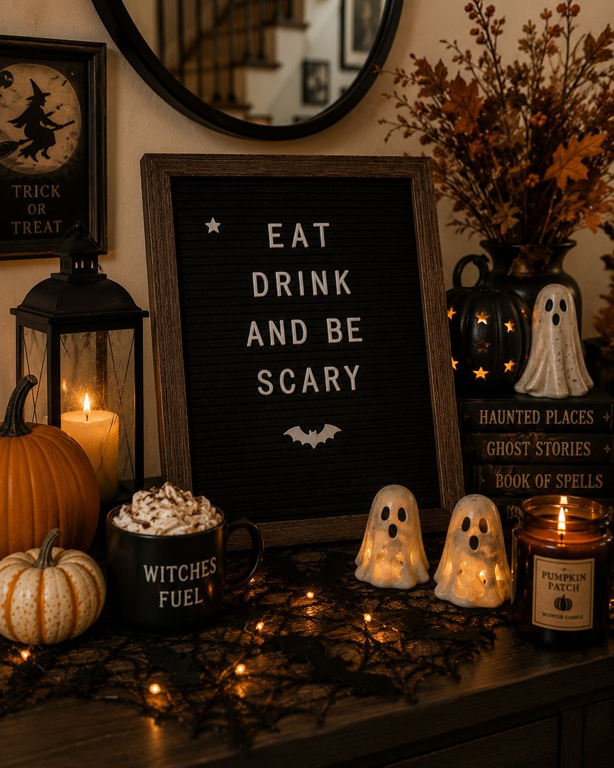 A Halloween-themed setup with a letter board reading EAT DRINK AND BE SCARY, surrounded by pumpkins, ghost figurines, candles, a mug labeled WITCHES FUEL, fairy lights, and autumn decor.