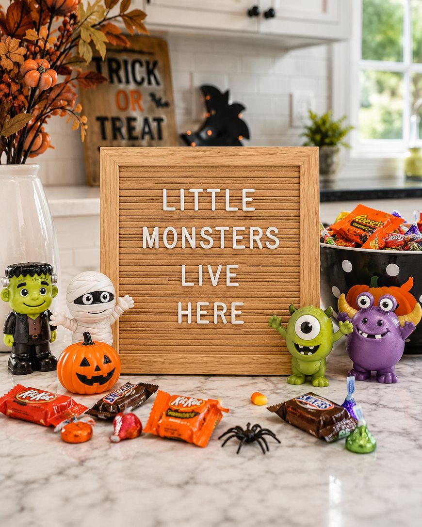 A wooden sign on a kitchen counter reads LITTLE MONSTERS LIVE HERE, surrounded by small monster figurines, Halloween candy, a black spider, and festive autumn decorations in the background.