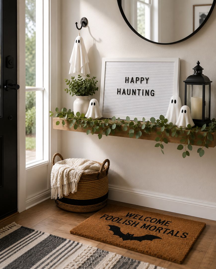 A cozy entryway decorated for Halloween with ghost figurines, a letter board reading Happy Haunting, greenery, a lantern, and a doormat that says Welcome Foolish Mortals with a bat image.