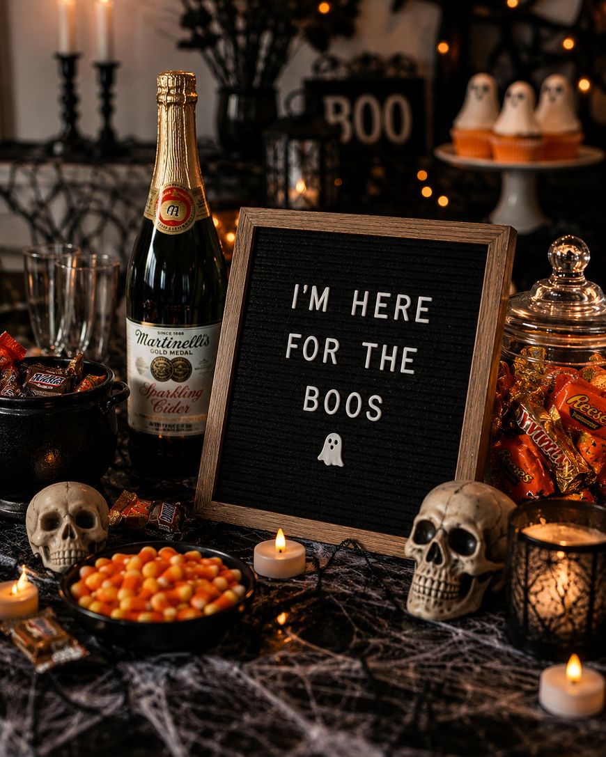 A Halloween-themed table with candy, two skulls, candles, a bottle of sparkling cider, and a letter board that reads “I’M HERE FOR THE BOOS” with a ghost icon. Decorations include spider webs and ghost treats in the background.