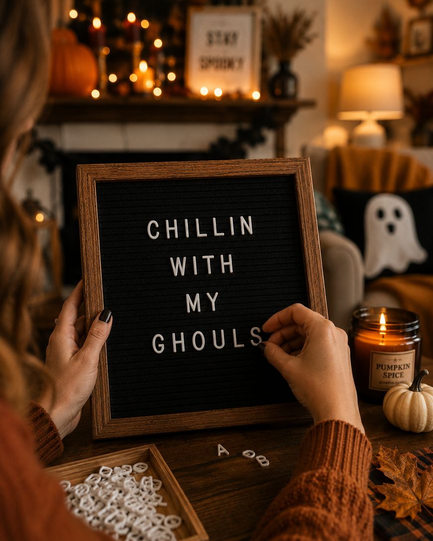 A person arranges white letters on a black felt board that says CHILLIN WITH MY GHOULS. Cozy autumn decor, pumpkins, Halloween lights, and a Pumpkin Spice candle create a festive atmosphere in the background.