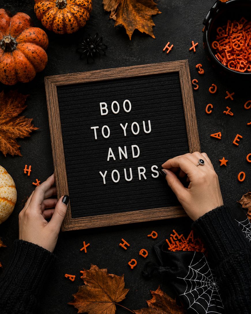 A person arranges white letters on a black felt board that reads BOO TO YOU AND YOURS, surrounded by pumpkins, autumn leaves, plastic spiders, and scattered orange letters on a dark surface.