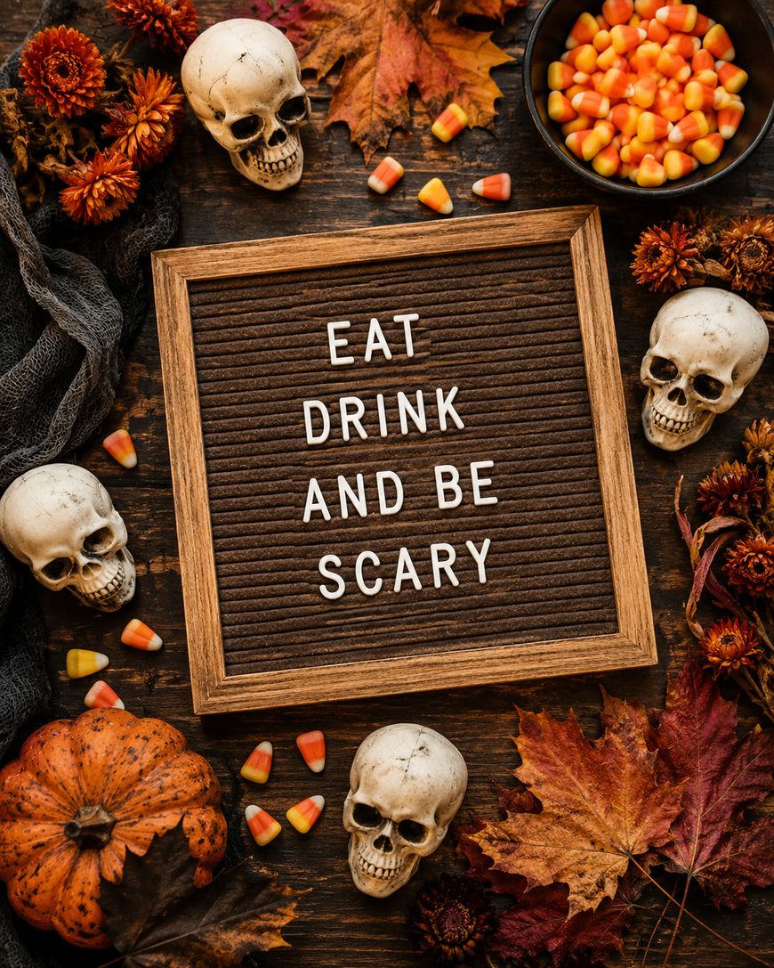 A letter board reads EAT DRINK AND BE SCARY, surrounded by skulls, fall leaves, candy corn, a pumpkin, and autumn flowers on a wooden table, creating a festive Halloween scene.