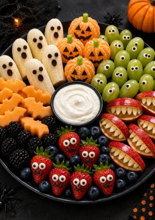 A Halloween-themed fruit platter, perfect for Halloween potluck ideas, features banana ghosts, clementine pumpkins, grape eyeballs, melon bats, blackberry clusters, strawberry monsters, and apple mouths with teeth around a bowl of white dip.