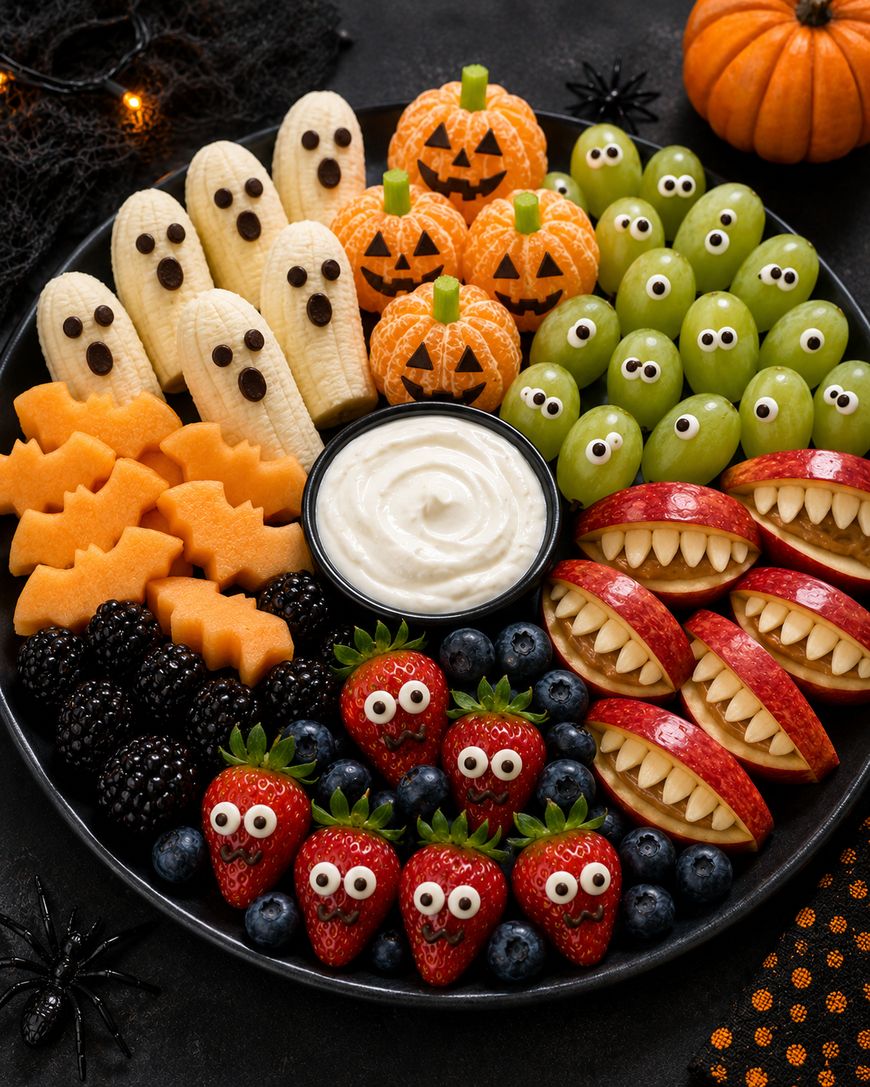 A Halloween-themed fruit platter features banana ghosts, clementine pumpkins, grape eyeballs, melon bats, blackberry spiders, strawberry monsters, and apple mouths with teeth, arranged around a white dip. Decorations include fake spiders and a pumpkin.