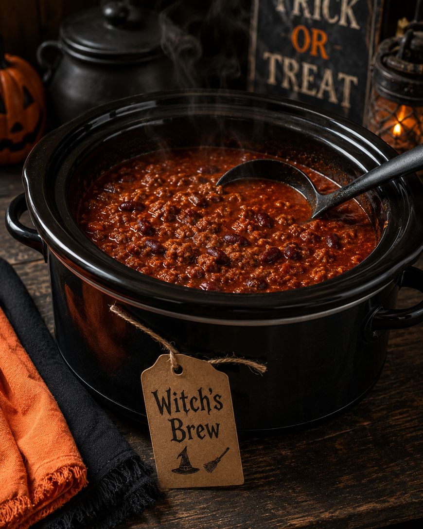A black slow cooker filled with steaming chili labeled “Witch’s Brew” sits on a wooden table with a ladle, next to orange and black napkins and Halloween decorations, including a pumpkin and a “Trick or Treat” sign.