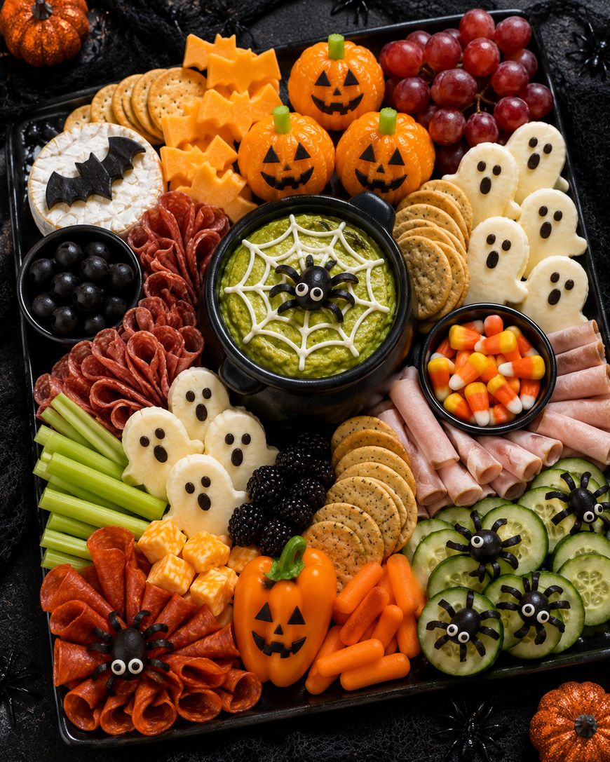 A Halloween-themed charcuterie board with ghost-shaped cheese, pumpkin-shaped cheese balls, bat crackers, spider olives, veggies, meats, fruits, crackers, candy corn, and a green dip topped with a spider and web decoration.
