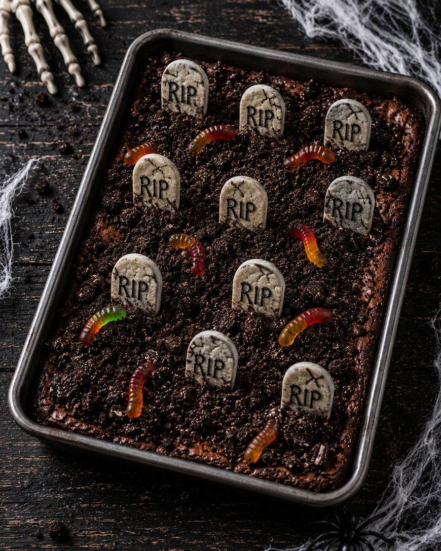 A rectangular pan of Halloween-themed dessert resembling a graveyard, topped with cookie tombstones labeled RIP and colorful gummy worms on crumbled chocolate, with fake cobwebs and a skeleton hand nearby.