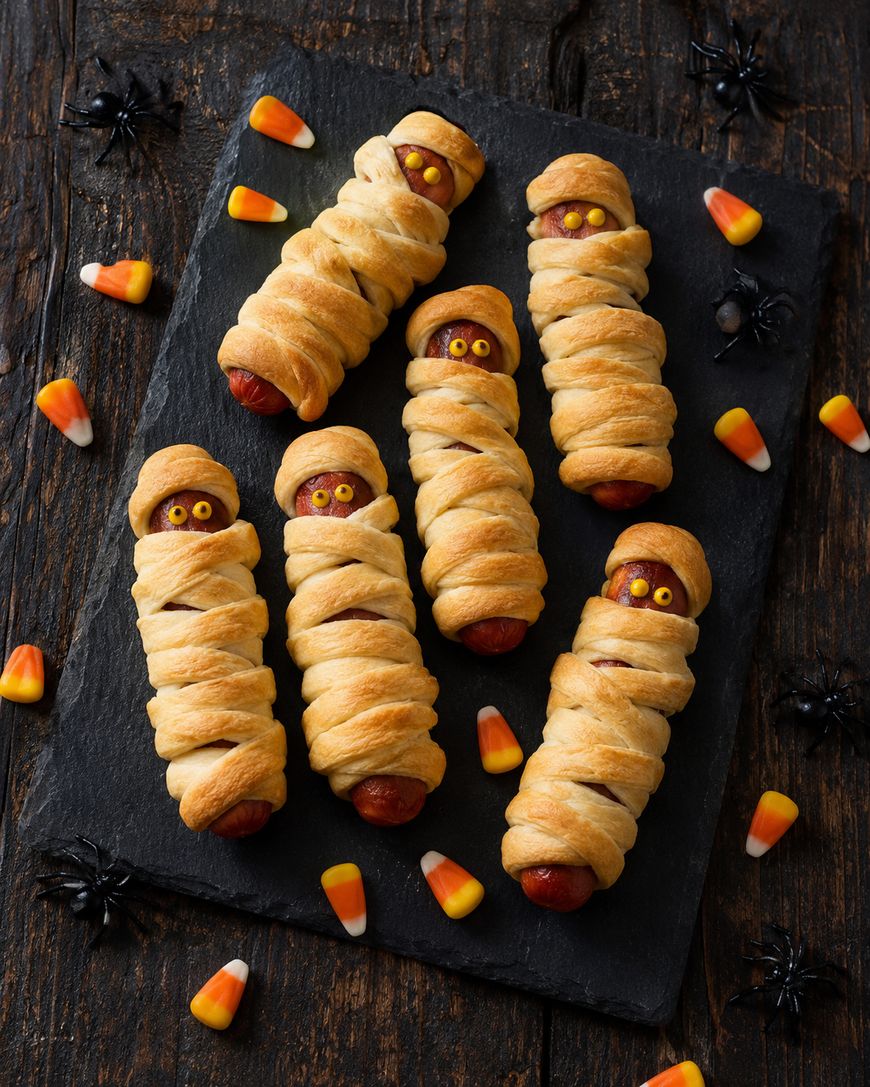 Six sausage mummies wrapped in crescent dough with mustard eyes are arranged on a slate tray, surrounded by candy corn and plastic spiders on a dark wooden surface.