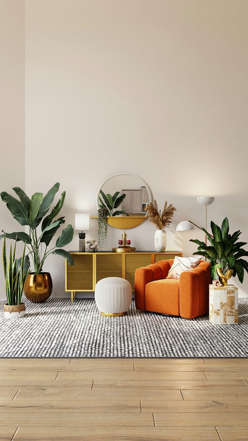 A modern living room with an orange armchair, green plants in decorative pots, a yellow sideboard with a round mirror above it, a white pouf, a floor lamp, and a patterned rug on a wooden floor.