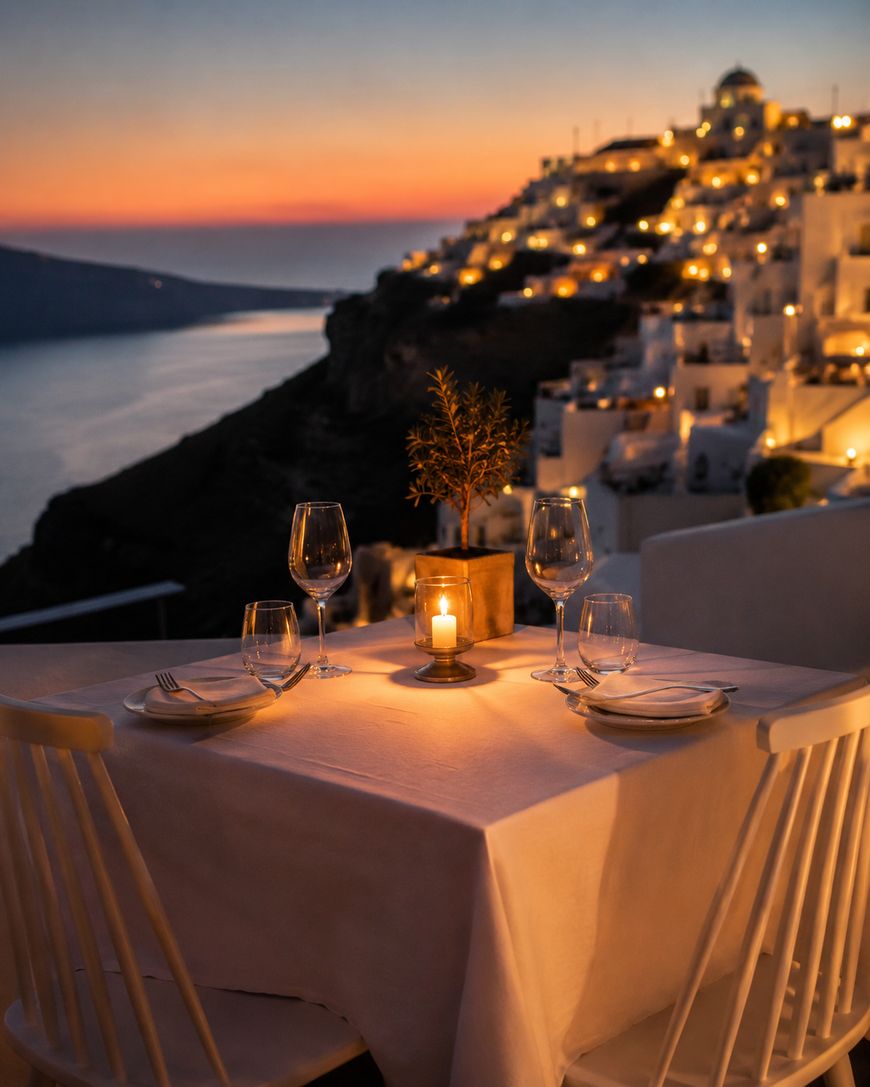 A romantic dinner table for two with wine glasses, plates, and a lit candle overlooks a coastal village at sunset, featuring white buildings with glowing lights on a hillside above the sea.
