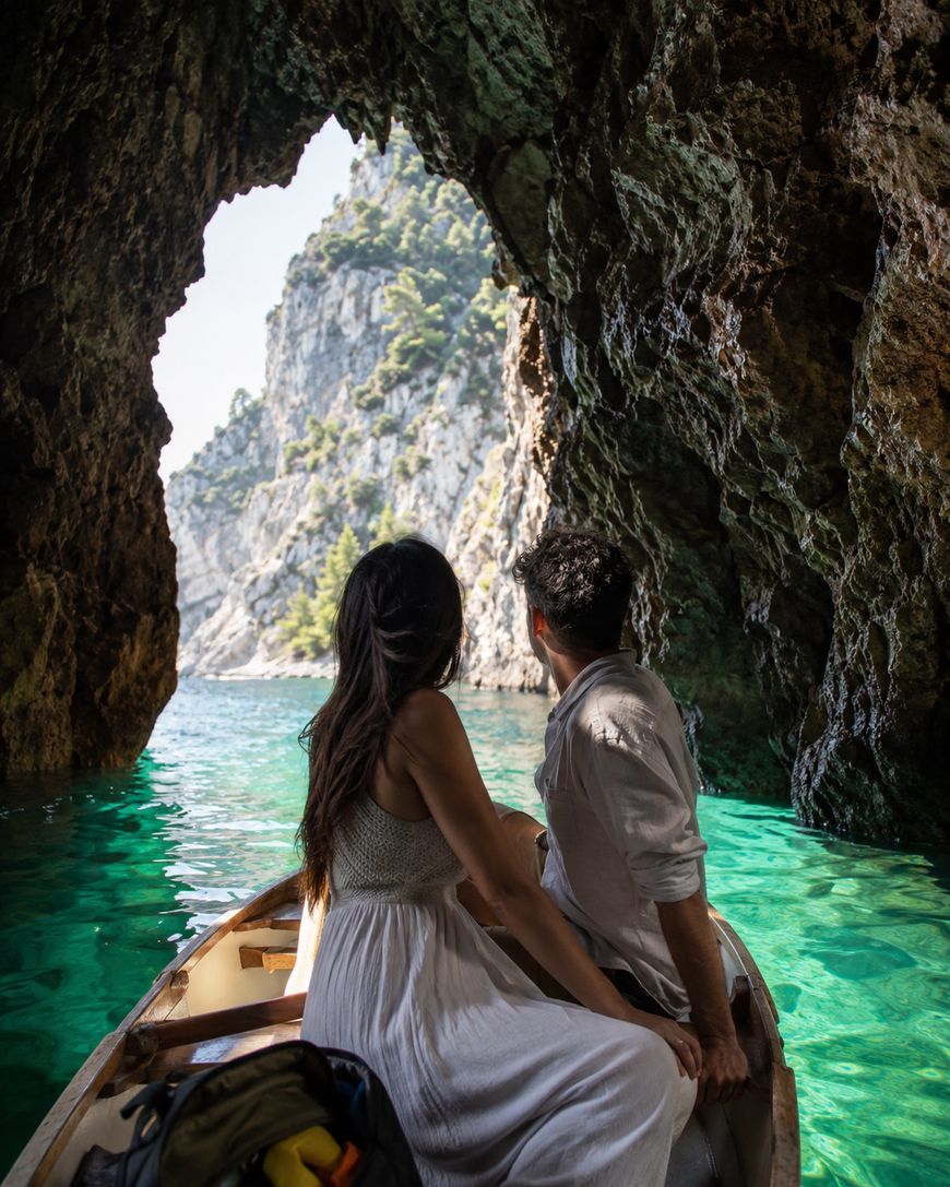 A couple sits in a small boat inside a rocky cave, looking out toward turquoise water and a sunlit, tree-covered cliff. Natural light streams through the cave opening, creating a serene and adventurous scene.