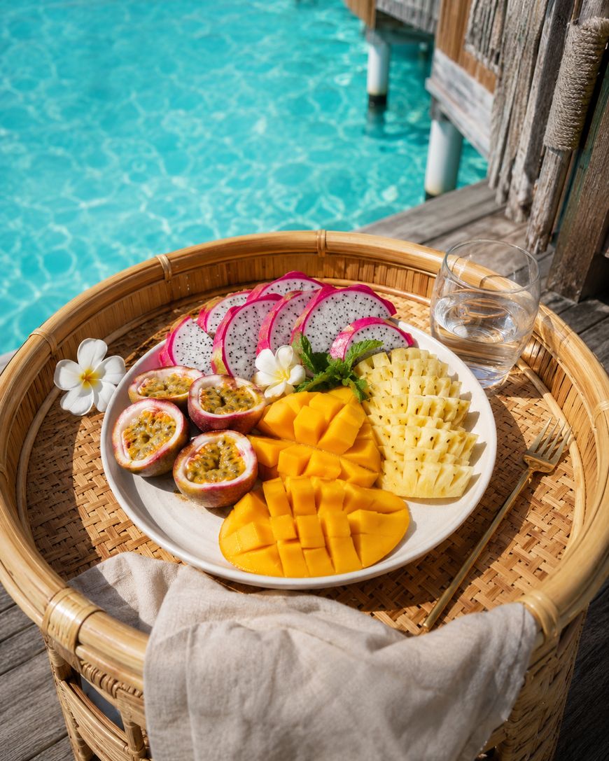A plate with sliced mango, pineapple, dragon fruit, and passion fruit sits on a woven tray beside a pool. A glass of water, fork, and white flowers are also on the tray, with a towel draped over the edge.