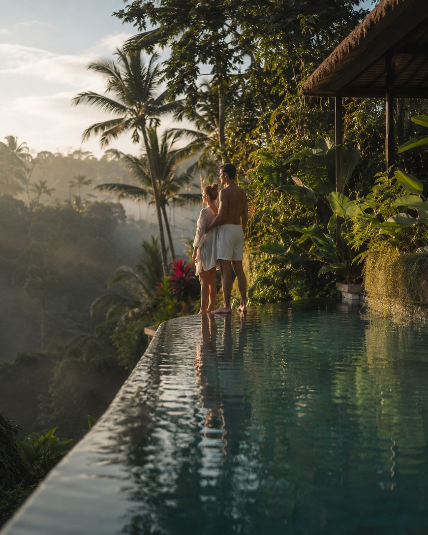 A couple stands at the edge of an infinity pool overlooking a lush tropical forest at sunrise, surrounded by palm trees and greenery. The scene is serene and romantic.