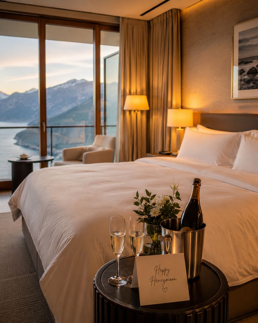 A cozy hotel room with a large bed, mountain and lake view from a balcony, a table with champagne, two glasses, flowers, and a card reading Happy Honeymoon in elegant handwriting. Warm lighting creates a relaxing ambiance.