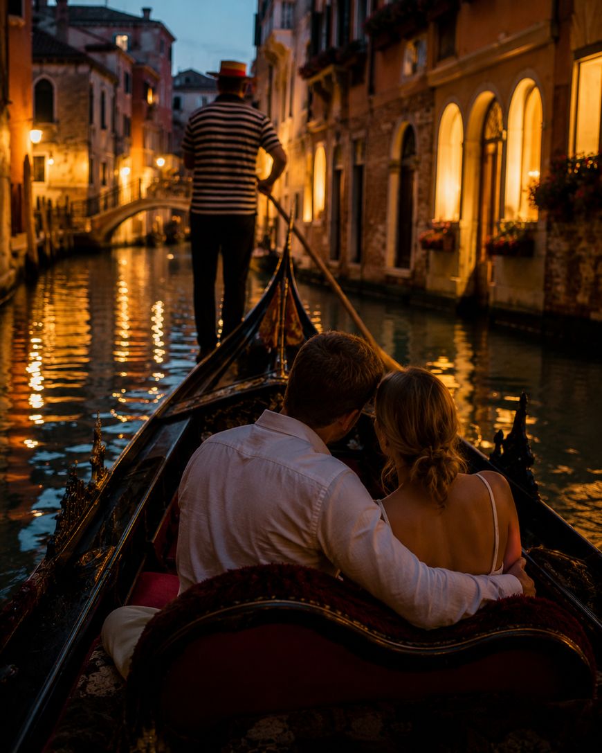 A couple sits closely together on a gondola at dusk in Venice, with a gondolier standing and rowing along a canal lined with warmly lit buildings and reflections on the water.