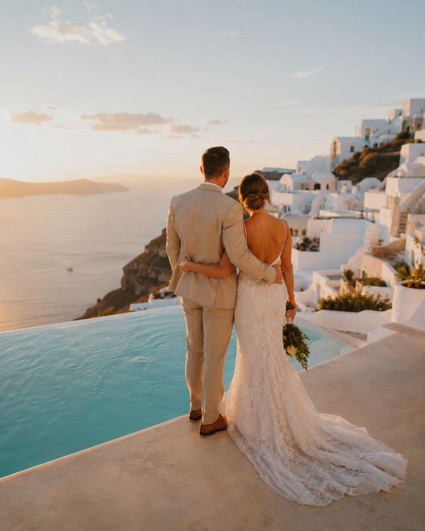 A bride and groom stand arm in arm by an infinity pool, overlooking the sea and white buildings at sunset on a cliffside, likely Santorini, Greece. The bride wears a lace gown and holds a bouquet.