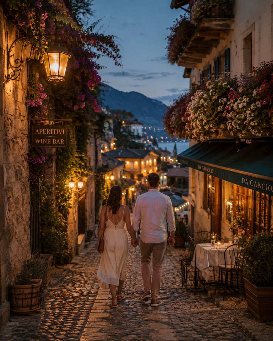 A couple holding hands walks down a charming cobblestone street at dusk, surrounded by blooming flowers, warm streetlights, and outdoor cafe tables, with a scenic lake and mountain view in the background.