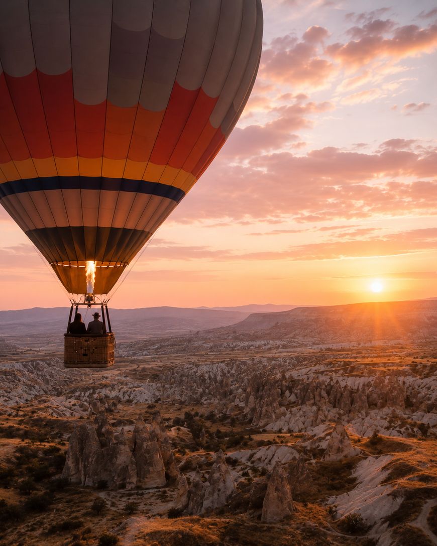 A hot air balloon with passengers floats above a rocky, rugged landscape at sunrise, with a colorful sky and the sun rising near the horizon, casting a warm golden light over the scene.