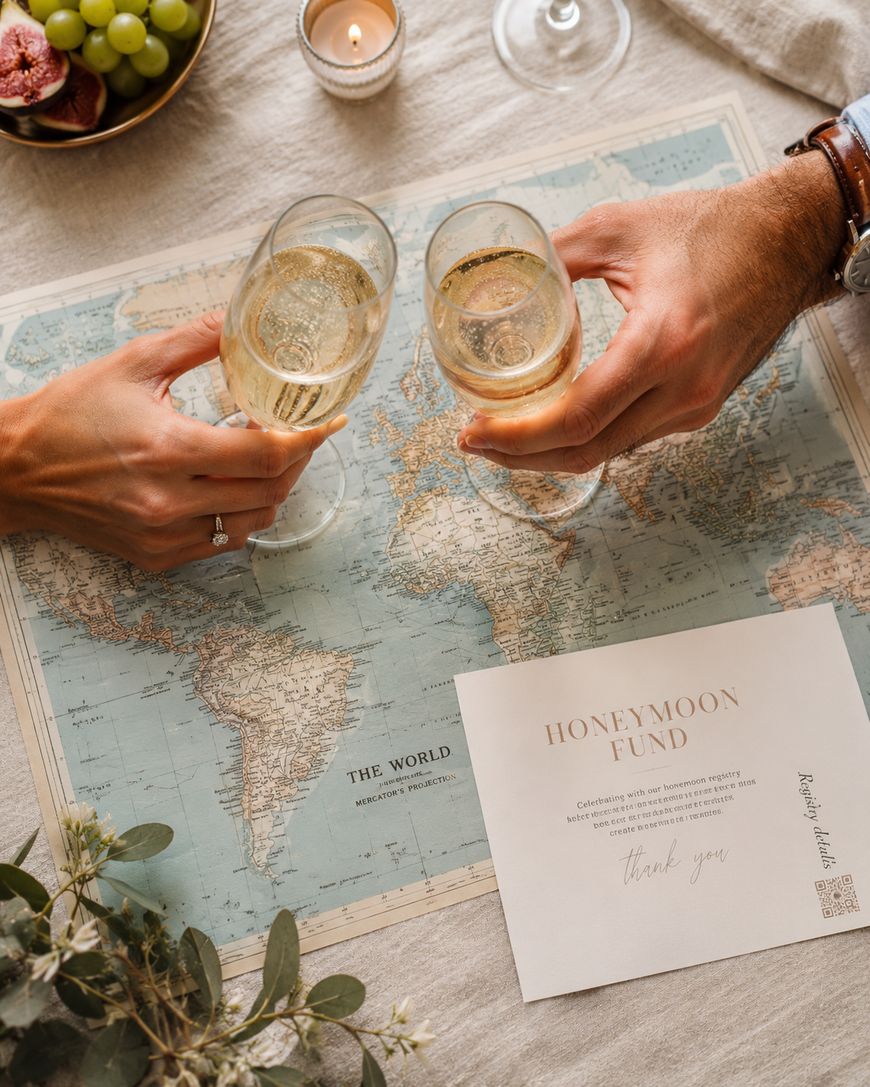 Two people clink champagne glasses over a world map, surrounded by a candle, grapes, greenery, and a card labeled Honeymoon Fund with a thank you message.