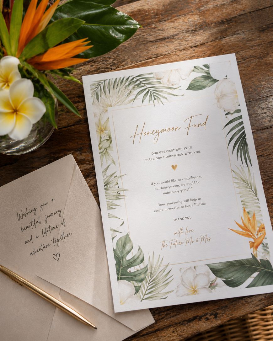 A floral-themed honeymoon fund card sits on a wooden table beside a matching envelope with a handwritten message, a gold pen, and a vase with tropical flowers and white plumeria.