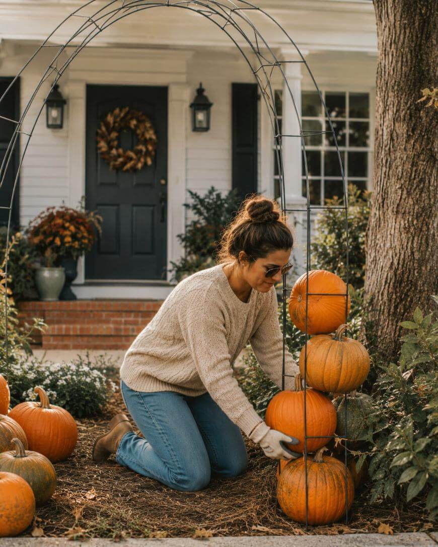 A woman wearing a sweater and jeans kneels outdoors, stacking pumpkins inside a metal frame in front of a house decorated for autumn, with more pumpkins and fall plants nearby.
