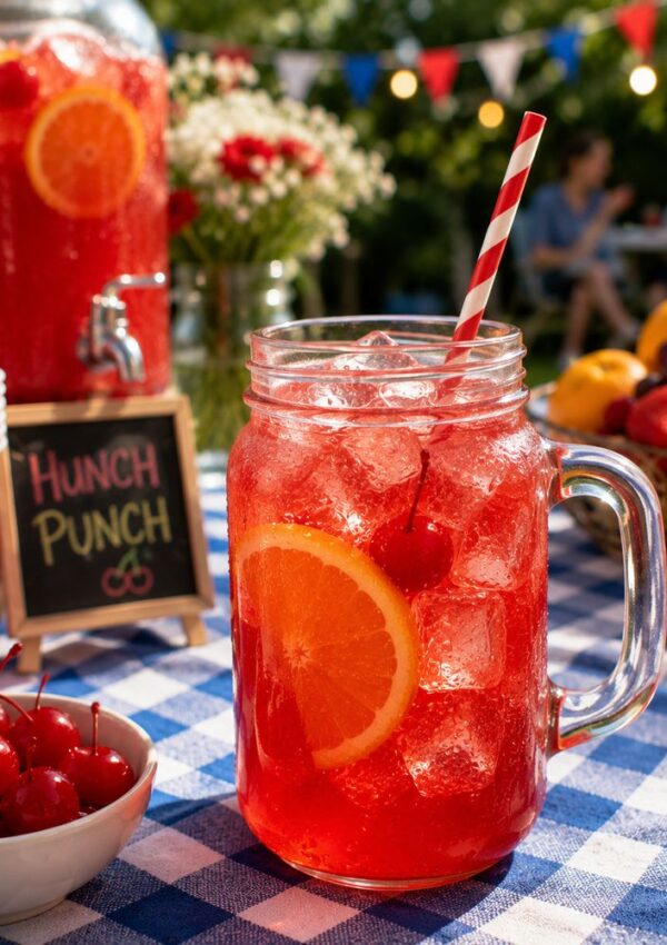 A mason jar of red punch, inspired by a classic hunch punch recipe, with ice, orange slice, and cherry sits on a blue checkered tablecloth. In the background, flowers, fruit, and a "Hunch Punch" sign set the scene at an outdoor gathering.