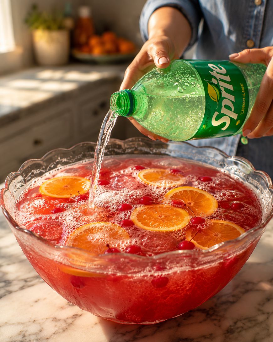 A person pours Sprite from a green bottle into a large glass bowl filled with red punch, orange slices, and cherries, on a marble countertop in a sunlit kitchen.
