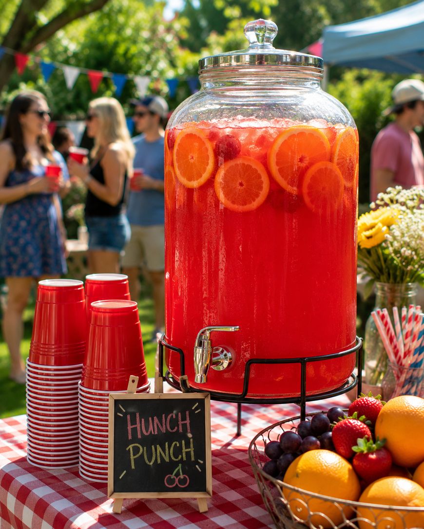 A large glass dispenser of red punch with orange slices sits on a checkered table, surrounded by red cups, fruit, and a chalkboard sign reading “Hunch Punch.” People socialize in the sunny background at an outdoor party.