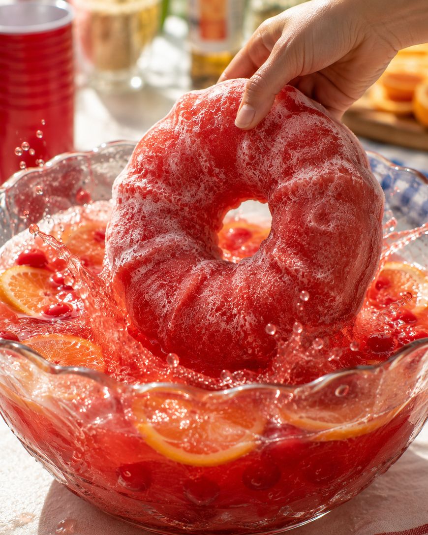 A hand places a red, ring-shaped ice mold into a large punch bowl filled with red punch, orange slices, and cherries, causing a splash. Bright sunlight highlights the refreshing scene.