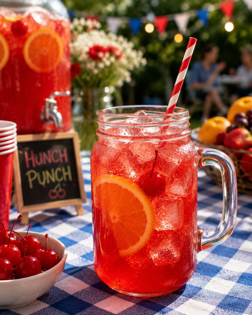 A mason jar filled with red punch, ice, an orange slice, and a cherry, sits on a blue checkered tablecloth. A striped straw, a bowl of cherries, cups, and a Hunch Punch sign are nearby at an outdoor party.