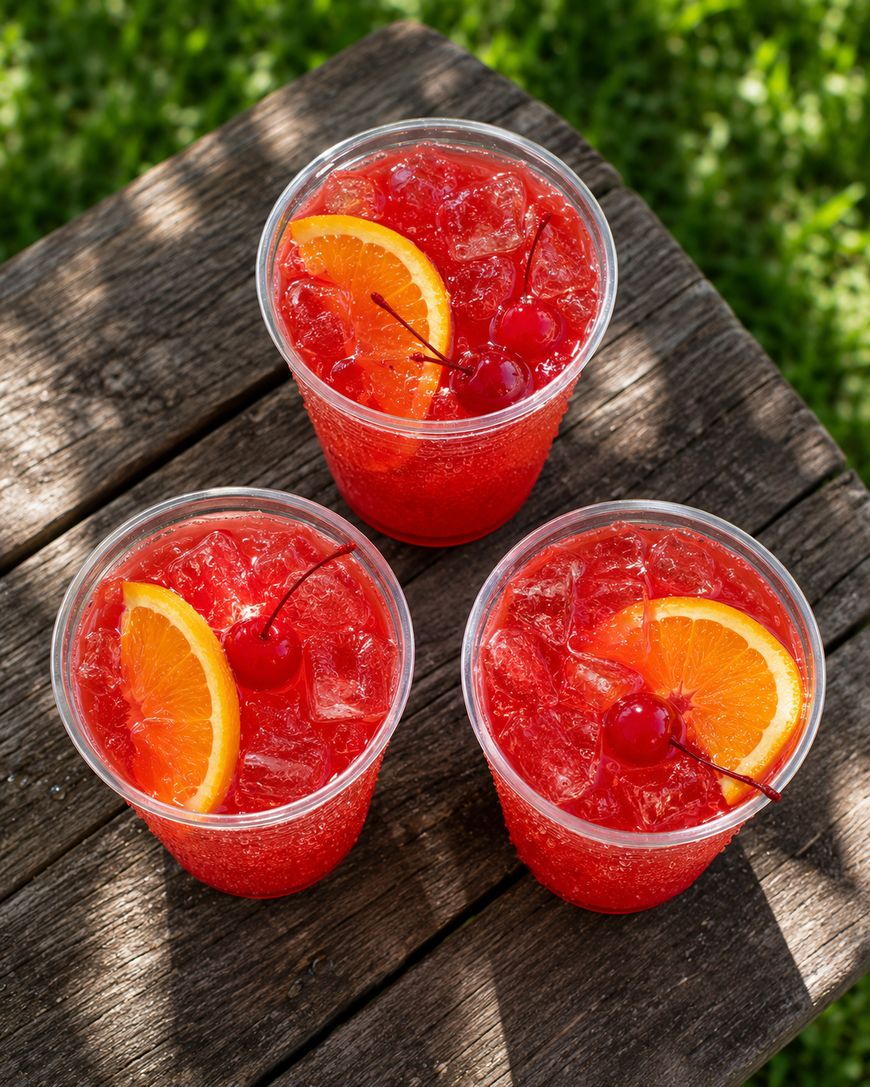 Three plastic cups filled with red iced drinks, garnished with orange slices and cherries, sit on a wooden surface outdoors with grass in the background.
