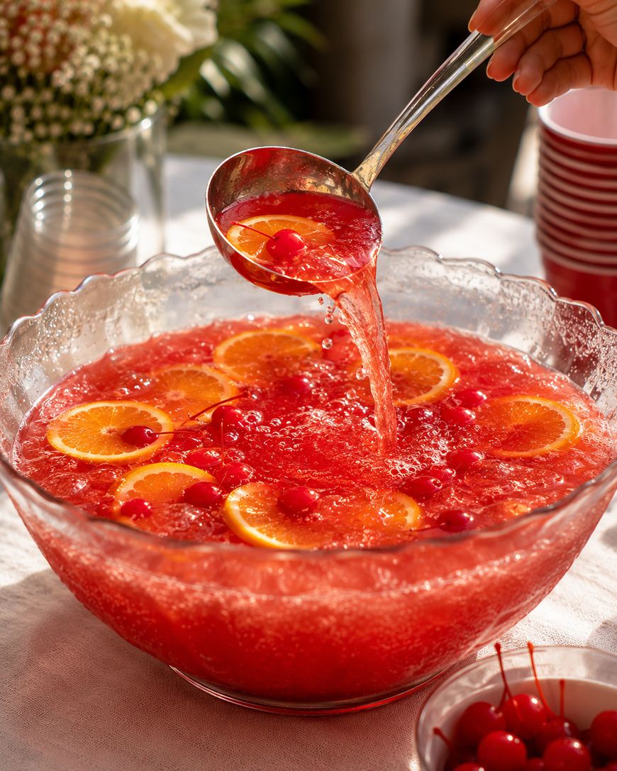 A glass punch bowl filled with bright red fruit punch, orange slices, and cherries. A hand holds a ladle, serving the punch. Sunlight highlights the vibrant colors. Red cups and flowers are visible in the background.