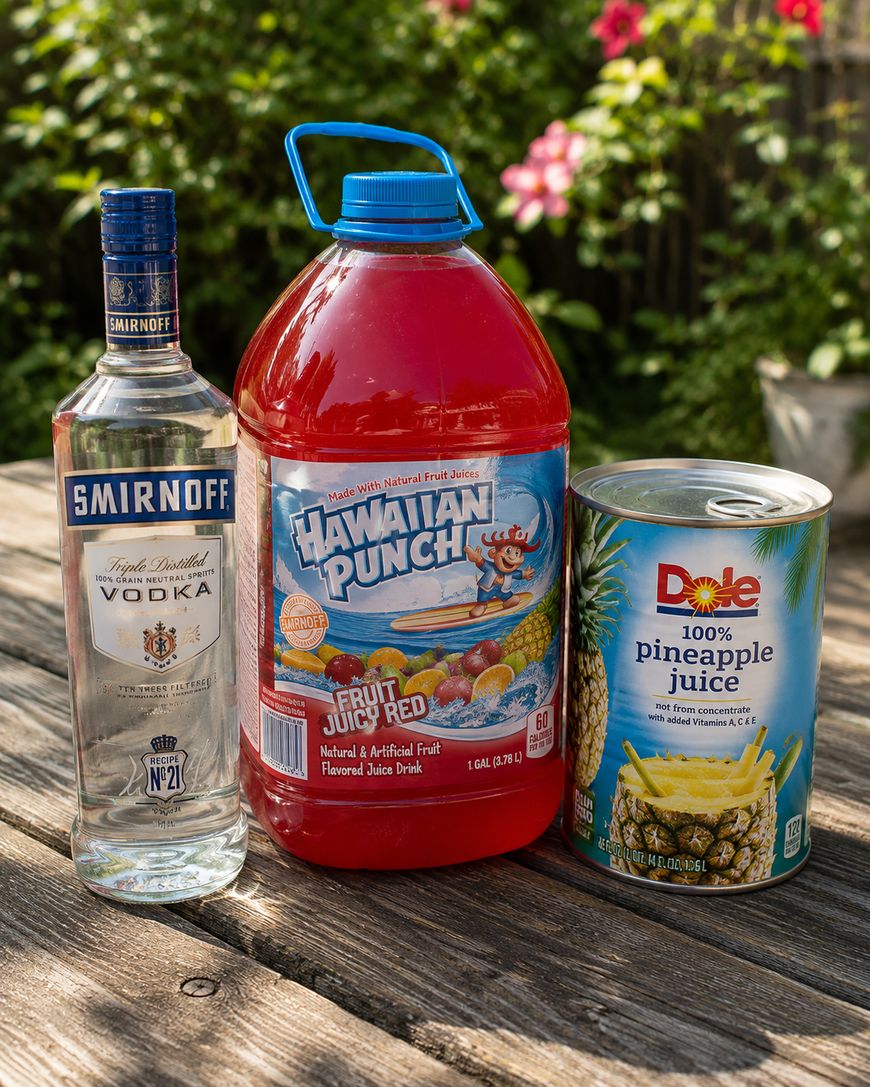A bottle of Smirnoff vodka, a gallon jug of Hawaiian Punch Fruit Juicy Red, and a can of Dole 100% pineapple juice sit on a wooden table outdoors with flowers and greenery in the background.