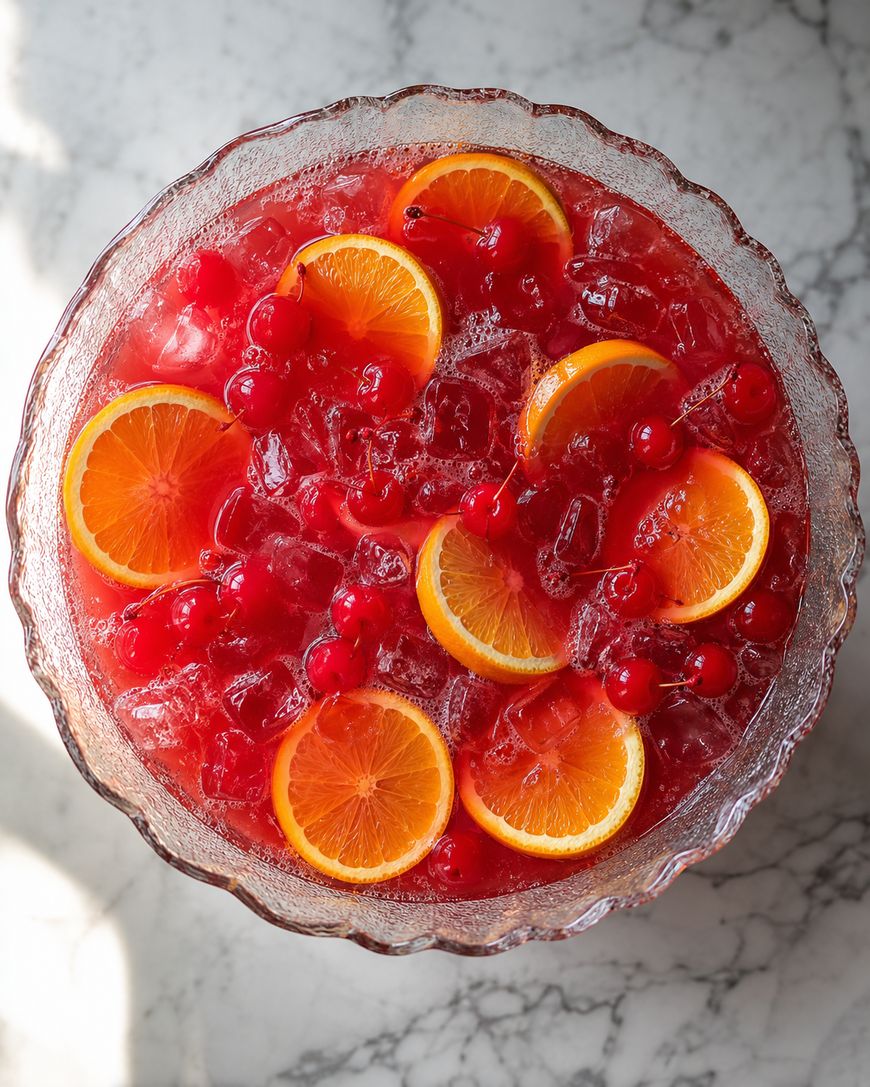 A glass punch bowl filled with a red fruit drink, topped with ice cubes, orange slices, and bright red cherries, sitting on a marble surface.
