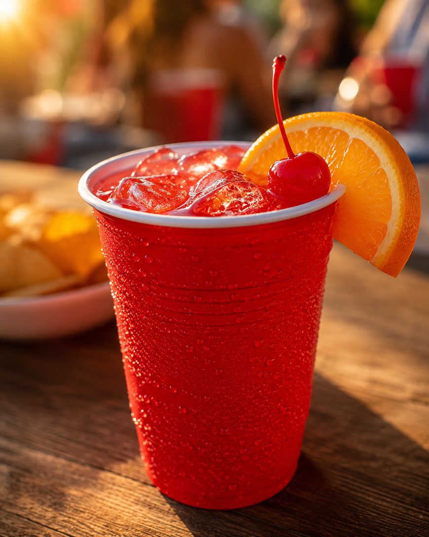 A cold red drink with ice, garnished with an orange slice and cherry, in a red plastic cup on a wooden table. Blurred people and snacks are in the background, suggesting an outdoor gathering.