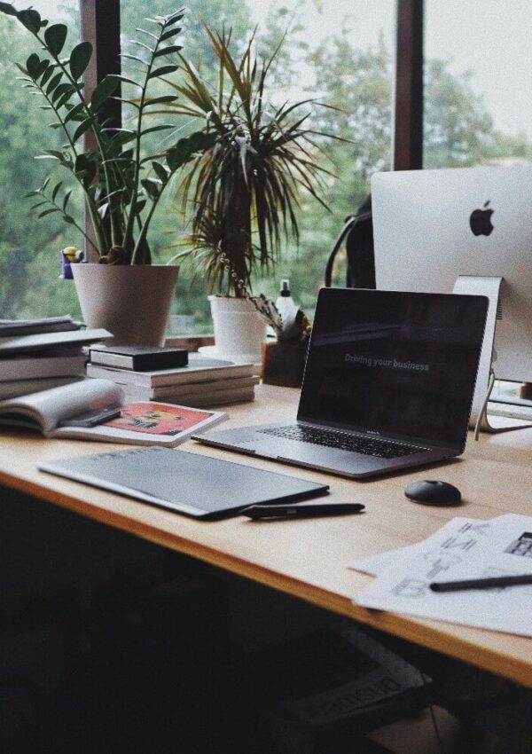 A wooden desk with a laptop, desktop computer, tablet, mouse, papers, books, and potted plants sits by a large window with greenery visible outside. The workspace appears organized and modern.