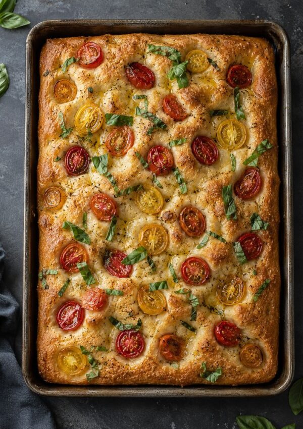 A golden-brown homemade bread focaccia topped with sliced red and yellow cherry tomatoes, fresh basil, and herbs, baked in a rectangular pan on a dark surface.
