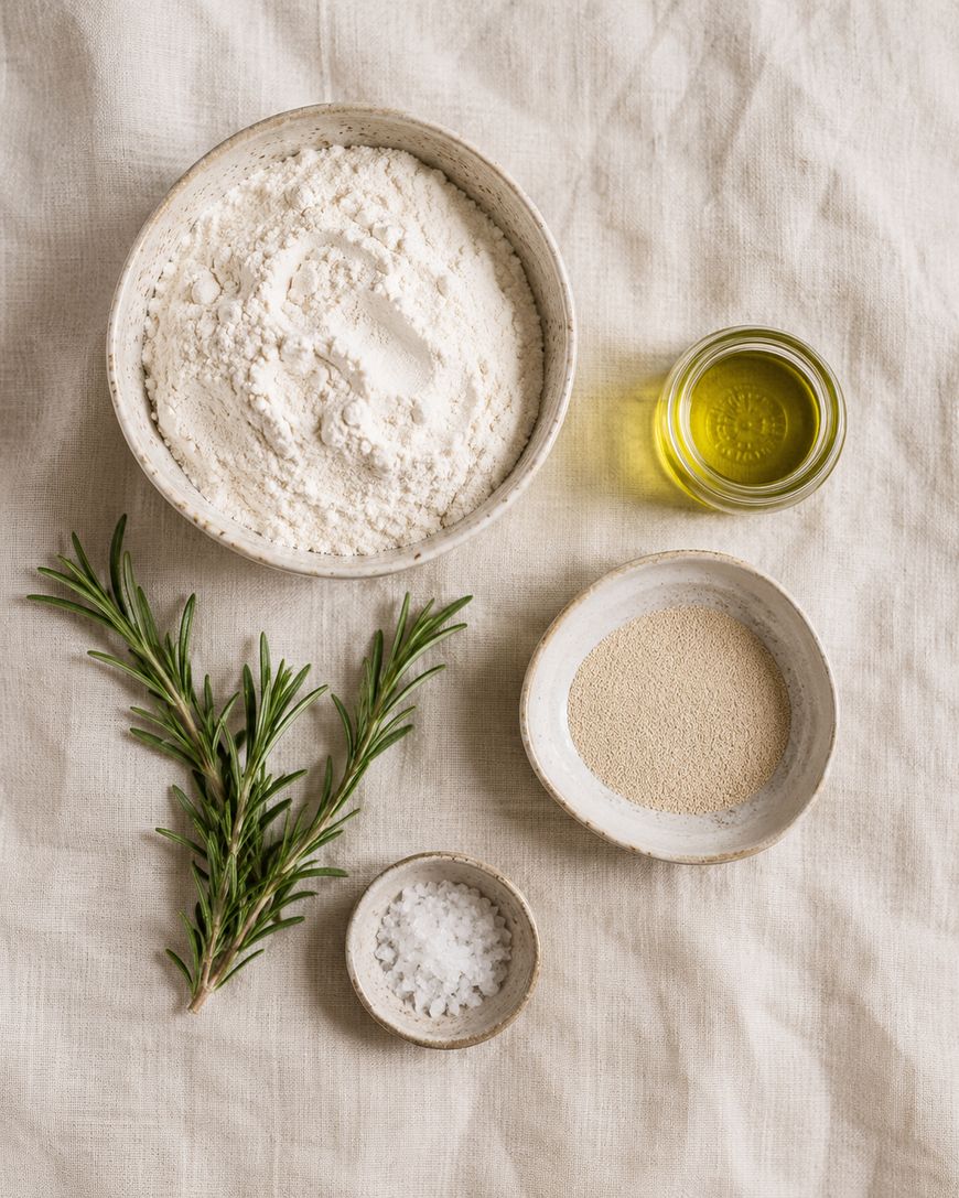 A bowl of flour, a small jar of olive oil, a bowl of yeast, a bowl of salt, and a sprig of fresh rosemary are arranged on a neutral fabric background.