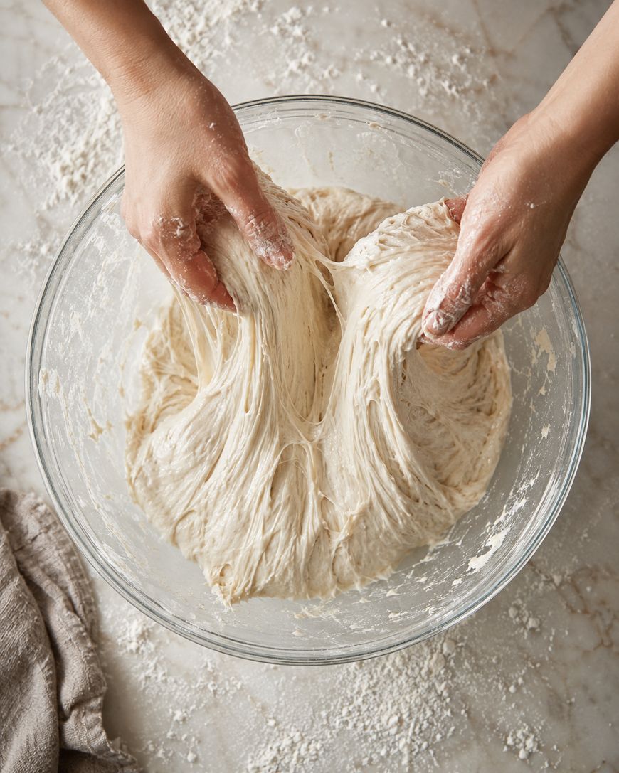 Hands stretch sticky bread dough in a glass bowl on a floured surface, preparing it for baking. Flour and a cloth are visible nearby, suggesting a kitchen setting.